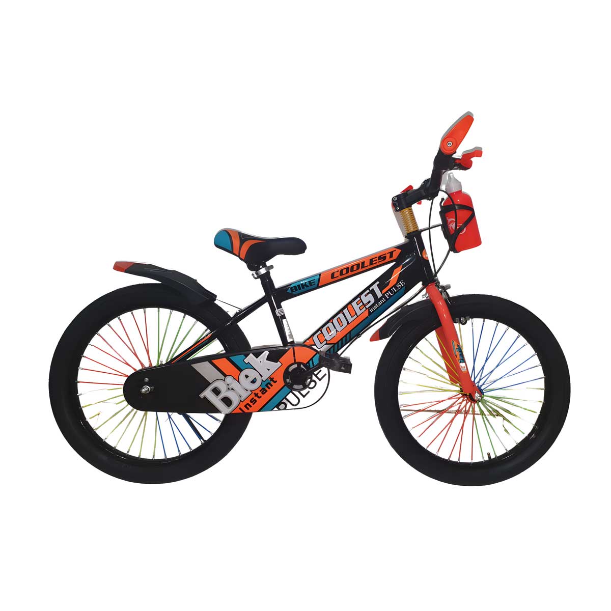 Bicicleta Coolest Instant Pulse Rin 20 con vibrantes colores negro, naranja y azul, equipada con cubre lodo y frenos de aro, perfecta para las aventuras de niños y niñas