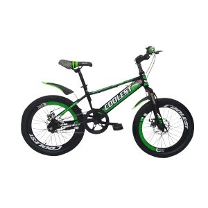 Bicicleta Juvenil Coolest Rin 20 negra y verde con frenos de disco y amortiguación delantera para niños y niñas.